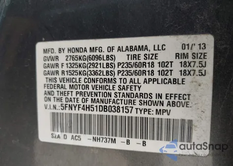 2013 Honda Pilot Ex-L from USA, damaged, VIN 5FNYF4H51DB038157